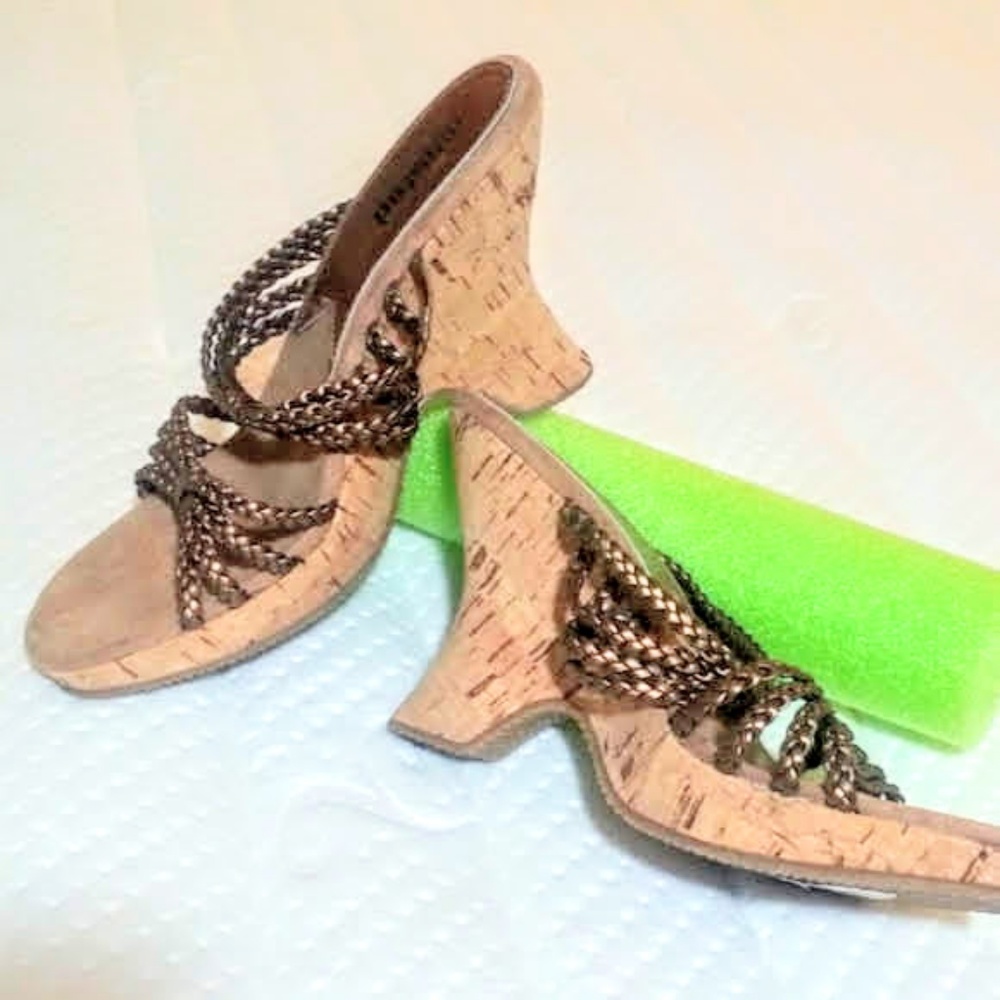 Unlisted braided bronze faux leather strap cork wedge sandals